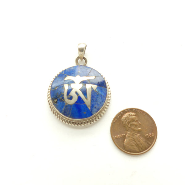 Lapis is and Silver Pendant, Round with Tibetan Om, 27mm Diameter