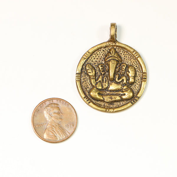 Brass, Pendant Round, Ganesh Seated and Offering Blessings, 30mm Diameter plus Loop at Top