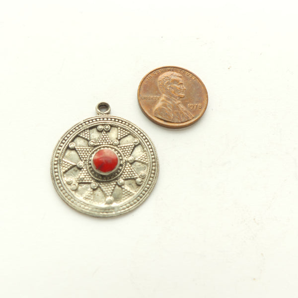 Turkoman Inspired, Small Round Silver Pendant with Granulation & Red Stone, 25mm Diameter