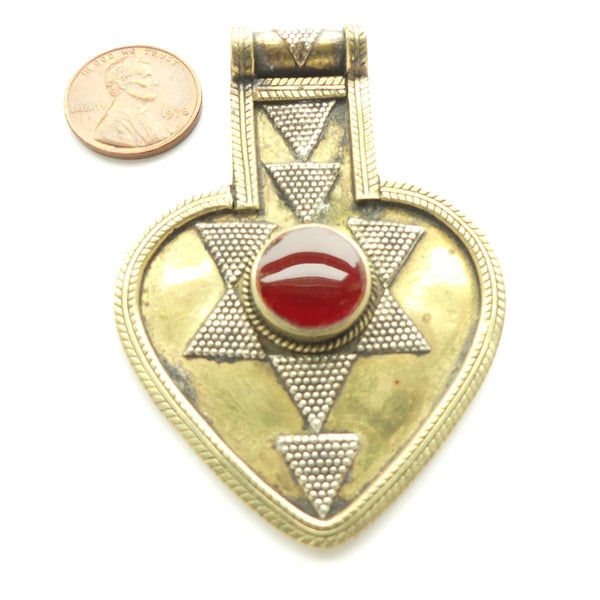Turkoman, Heart-shaped Pendants with Carnelian & Star Pattern, 2x2.5 inches
