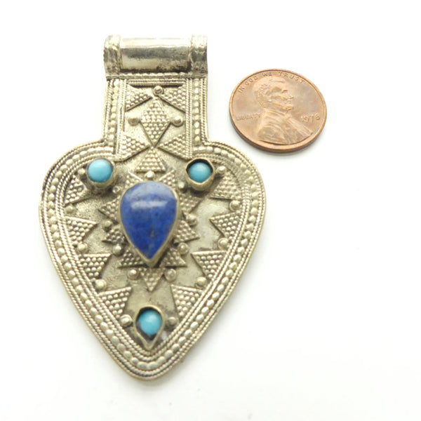 Turkoman, Heart Shape Pendant with Lapis and Turquoise, 1.5 x 2.5 inches