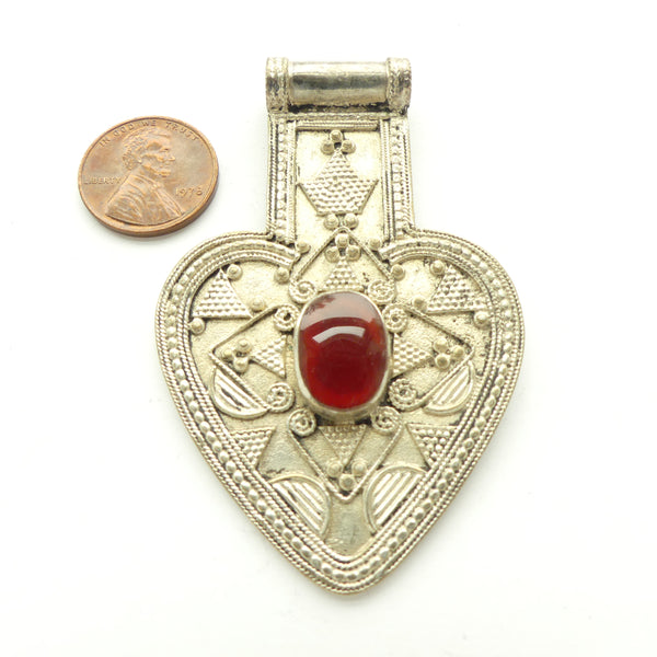 Turkoman, Heart-Shaped Pendant with Carnelian, 2x2.75 inches