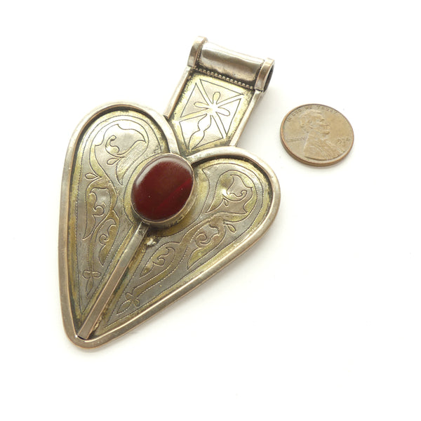 Turkoman, Pendant, Heart Shaped with Carnelian Cabochon, 2.25x3.25 inches