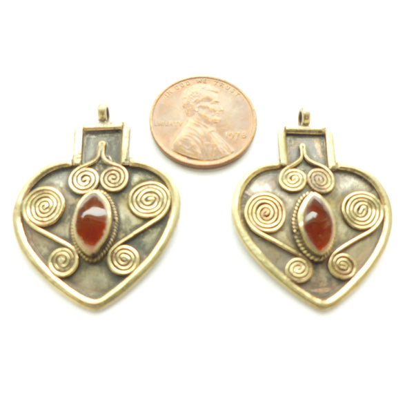 Turkoman Inspired, Mini Heart Shape Pendants with Carnelian & Spirals, Sold Individually
