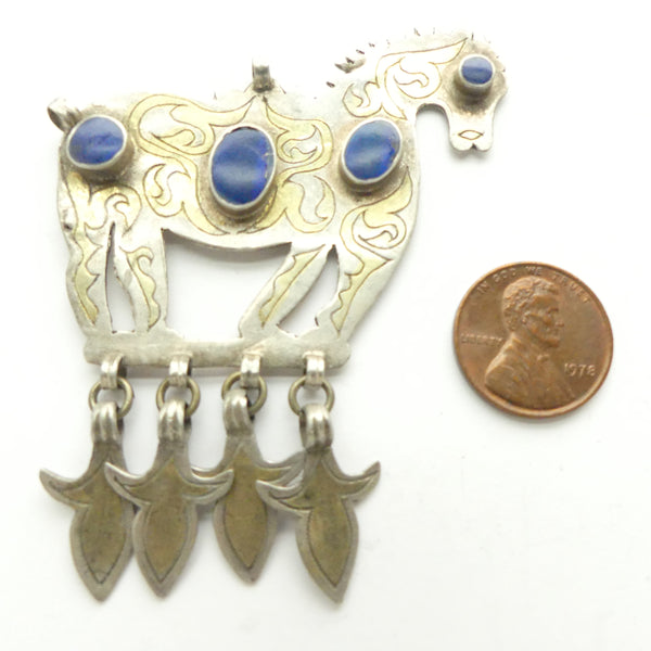 Turkoman, Horse Pendant, Fire-Gilded with 4 Lapis Cabochons, 2.25 x 3 inches