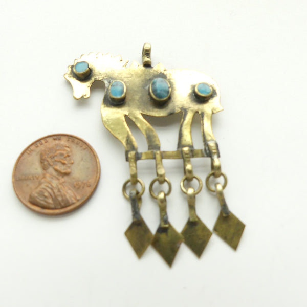 Turkoman, Horse Pendants, Small with 4 Turquoise Cabochons & Dangles, 37x50mm