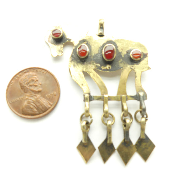 Turkoman, Horse Pendant, Small with 4 Carnelian Cabochons & Dangles, 37x50mm