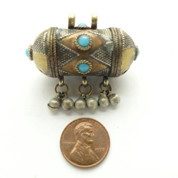 Turkoman, New Amulet Case with Blue Glass "Stones" 45x35mm