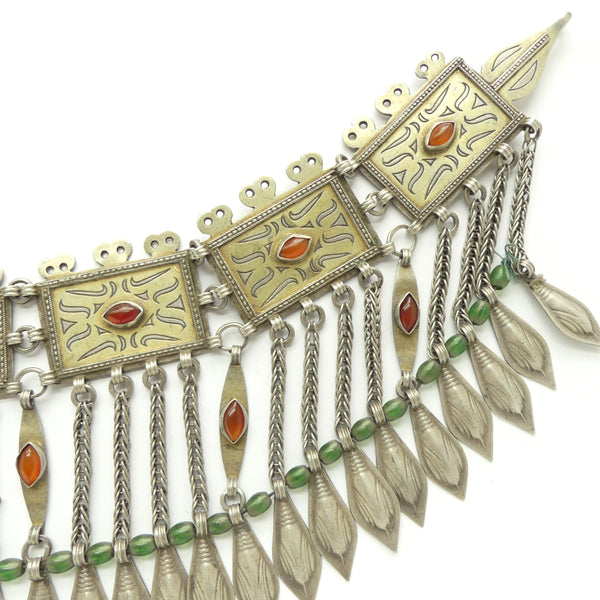 Turkoman, Antique Silver Diadem or Headdress, Fire-Gilded with Carnelians, 18 x4.75 inches