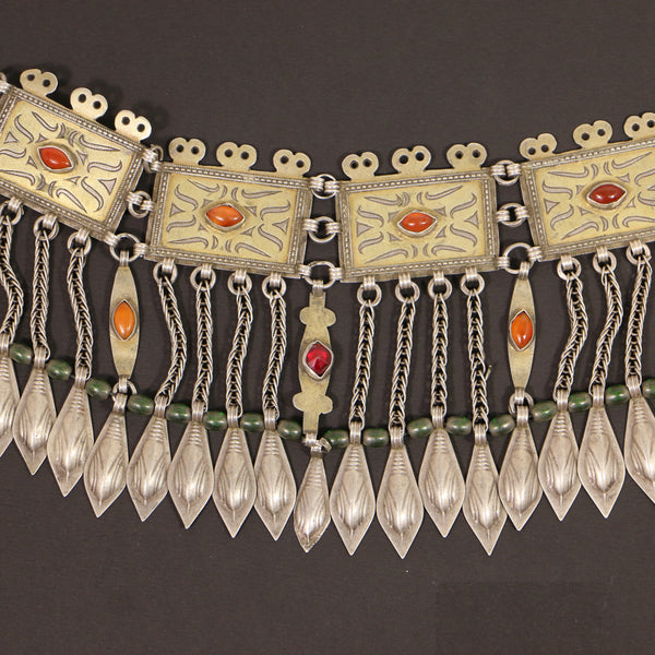 Turkoman, Antique Silver Diadem or Headdress, Fire-Gilded with Carnelians, 18 x4.75 inches
