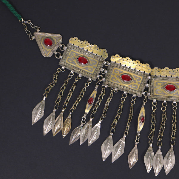 Turkoman, Antique Silver Diadem or Headdress, Fire-Gilded with Carnelians, 18 x4.75 inches
