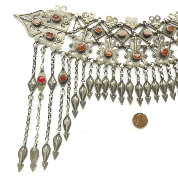 Turkoman, Antique Diadem or Headdress, Silver with Carnelians, 13 inches wide by 8 inches