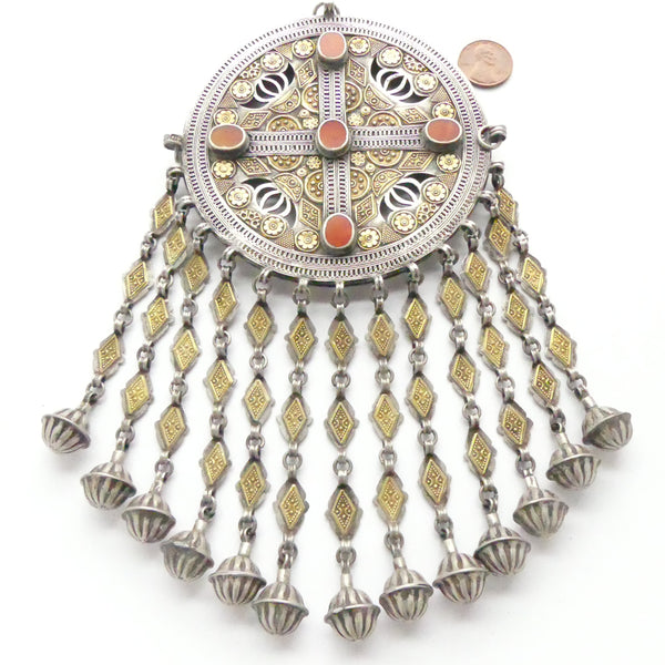 Turkoman, Large Round Vintage Silver Neck Ornaments with Carnelians, 4 x 8 inches