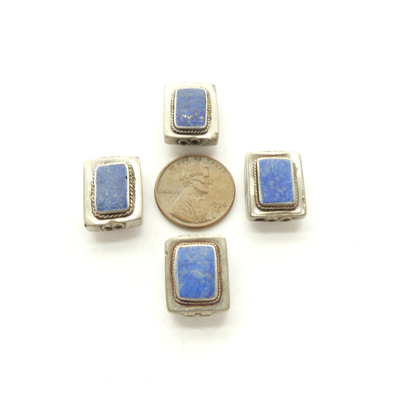 Silver Two Hole Spacers, Lapis Cabochons on Both Sides, 17x13mm, Sold Individually