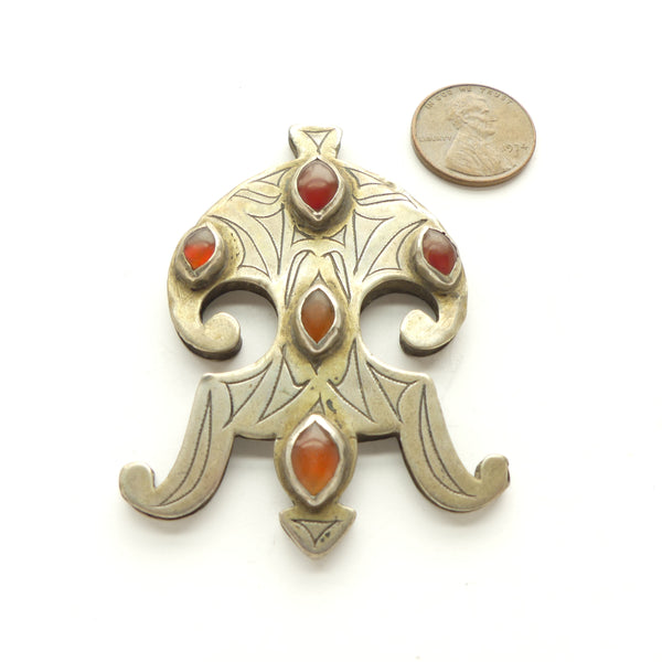 Turkoman, Antique Silver Pendant with Fire-gilding and 5 Horse Eye Carnelians, 45mm wide by 52mm Tall
