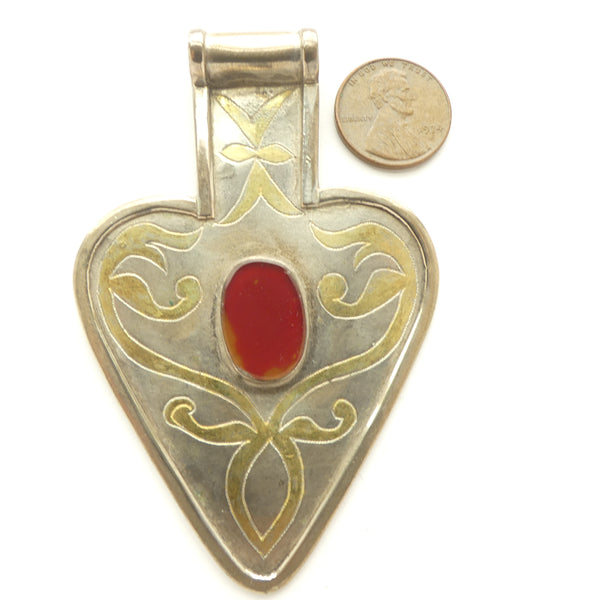 Turkoman, Pendant, Large Heart Shape, with Fire-gilding and Carnelian Cab 3.25 inches long