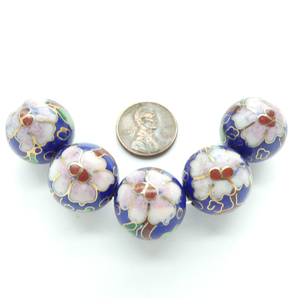 Cloisonne, Vintage Round, Black With Pink Flowers, 20mm, Sold Individually