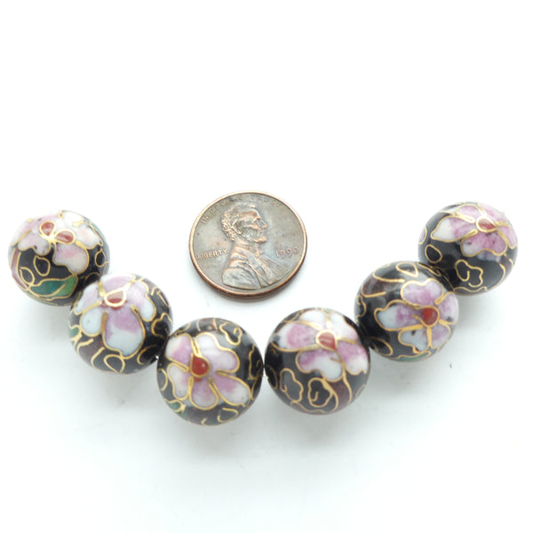 Cloisonne, Vintage Round, Black with Pink Flowers, 18mm Diameter, Sold Individually
