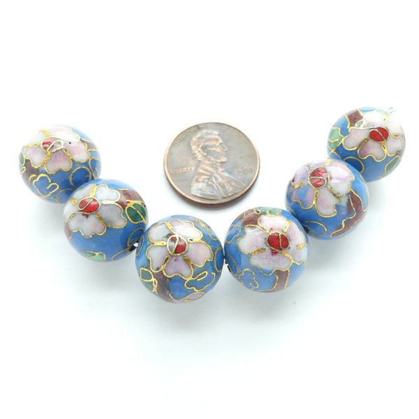 Cloisonne, Vintage Round, Medium Blue with Pink Flowers, 12mm Diameter, Sold Individually