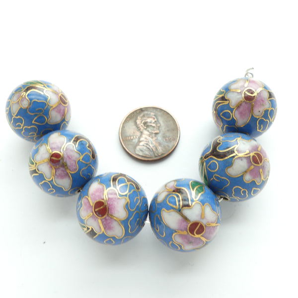 Cloisonne, Vintage Round, Medium Blue with Pink Flowers, 18mm Diameter, Sold Individually