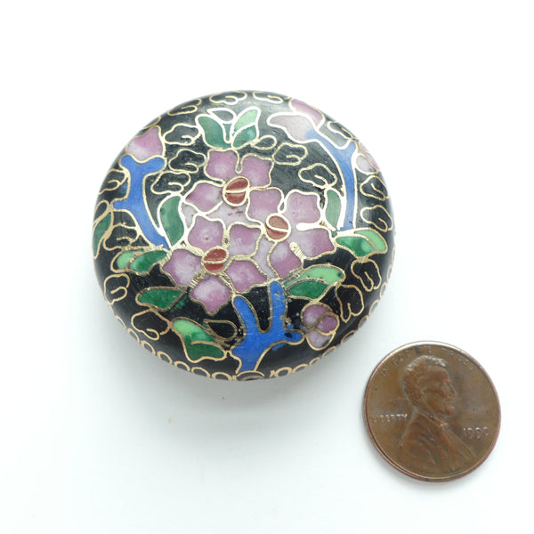 Cloisonne, Vintage Slightly Puffy Circle, Black with Pink Flowers, 43mm Diameter