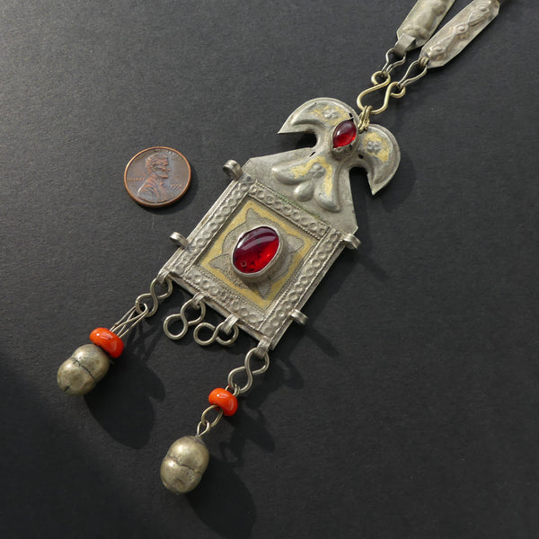 Turkoman Style White Metal Pendant with Cabochons, Dangles & Chain, Pendant 35x75mm