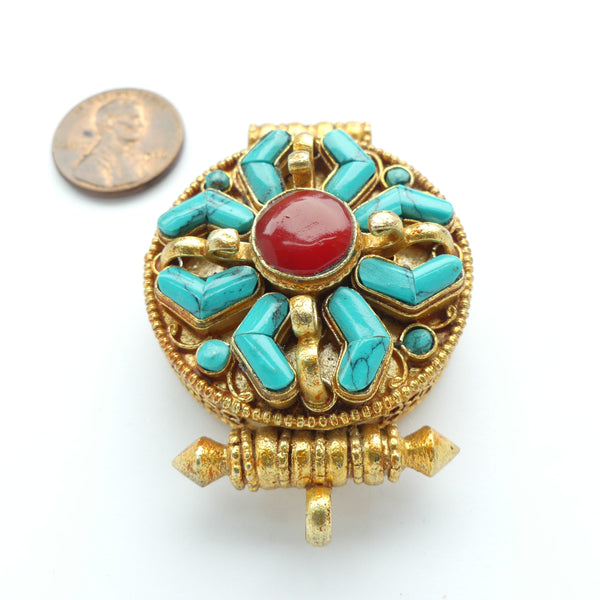 Himalayan Gau Box, Gold Plated Silver with Rich Turquoise and Coral Cabs, 37mm Diameter
