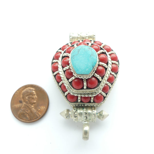 Himalayan Pendant, Silver with Coral and Turquoise, 33x54mm