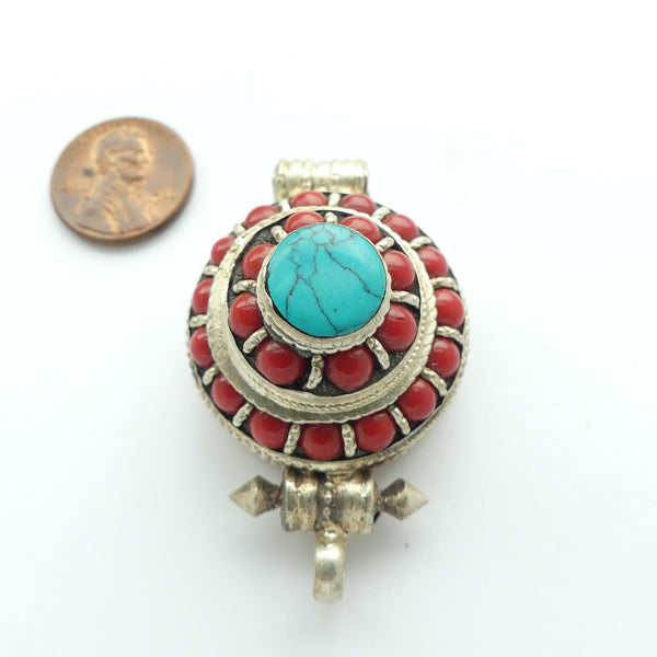 Himalayan Pendant, Silver Gau with Turquoise and Coral, 30mm Diameter