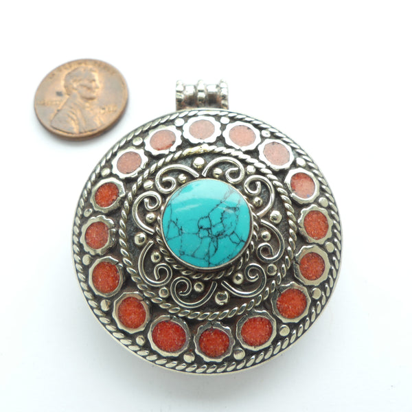 Himalayan Pendant, Large Round, Silver with Turquoise & Coral Resin Inlay, 43mm Diameter