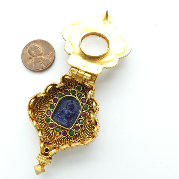 Himalayan Gau Box, Gold Plated with Emeralds & Rubies & Buddha Inside, 38x55mm