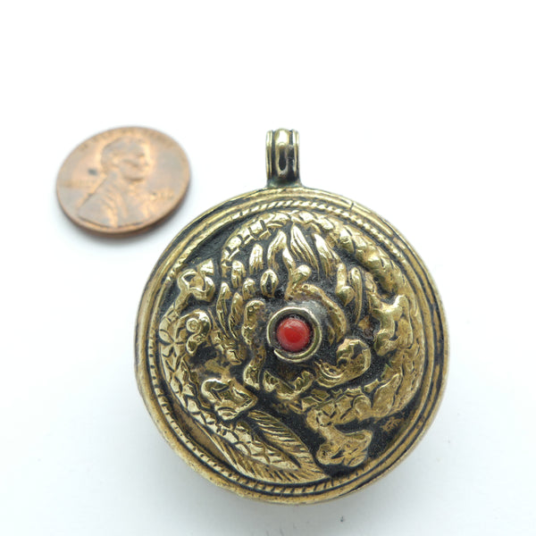 Himalayan Brass Dragon Double-sided Pendant with Coral, 33mm Diameter