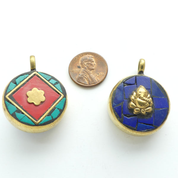 Himalayan, Two Sided Pendant, Ganesha & Mandala, 25mm Diameter, Sold Individually