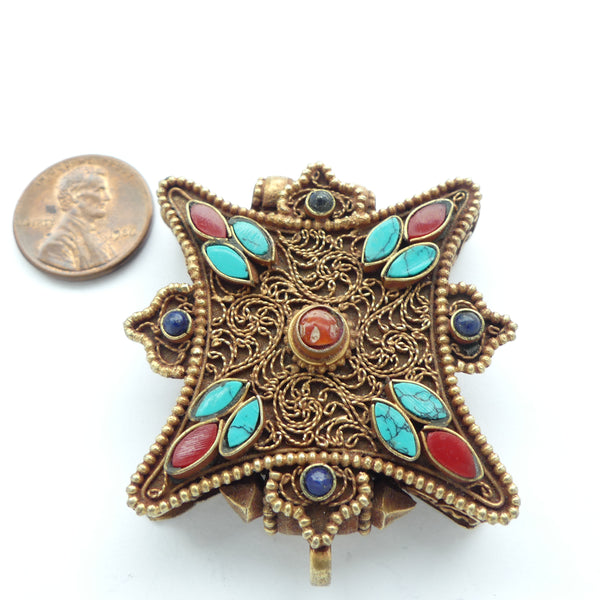 Himalayan Gau Box Pendant, Gold Plated with Turquoise, Lapis & Coral Cabs, 44x47mm