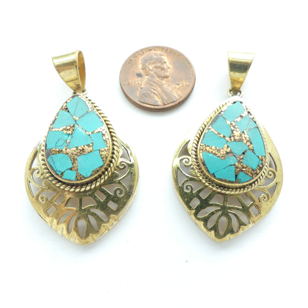 Himalayan, Drop Shape Brass Pendant with Openwork and Turquoise Inlay, 45mm Diameter