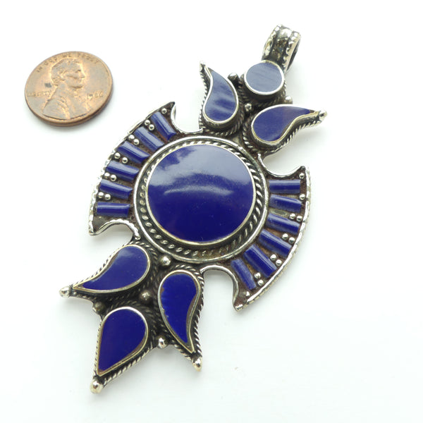 Himalayan, Contemporary Large Pendant, Silver with Deep Blue Resin, 1.5x3.5 inche