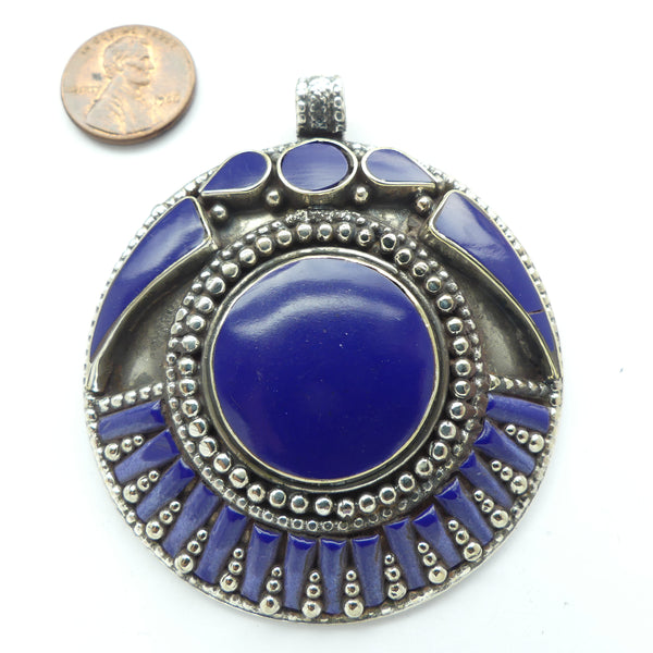 Himalayan, Large Contemporary Nepalese Pendants, Silver with Deep Blue Resin, 65mm Diameter