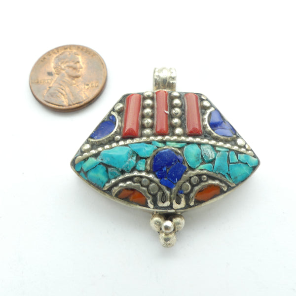 Himalayan, Medium Pendant, Silver with Turquoise, Lapis & Coral, 38x40mm