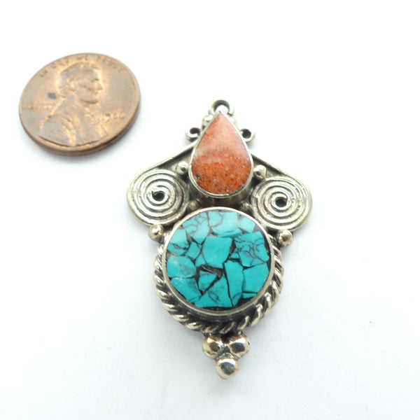 Himalayan, Medium Pendant, Silver with Turquoise and Faux Coral Inlay, 40mm Long