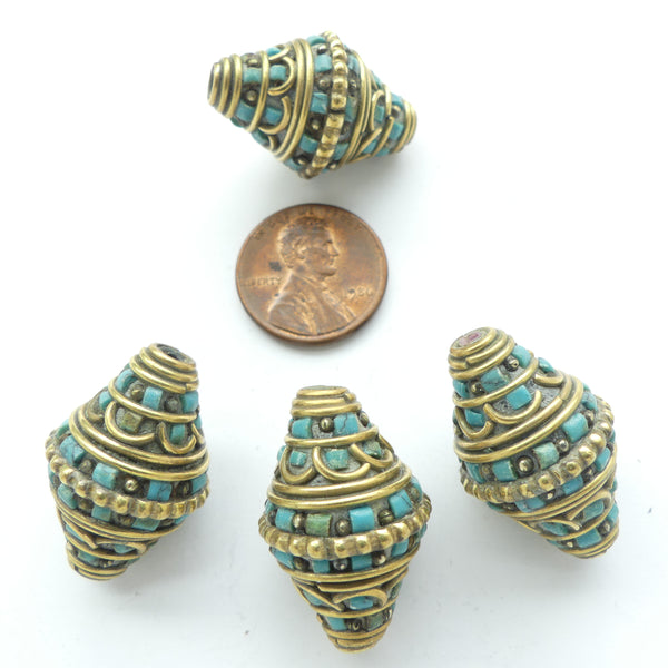 Himalayan, Large Bicones, Brass with Turquoise & Brass Inlay, 27x17mm Sold Individually