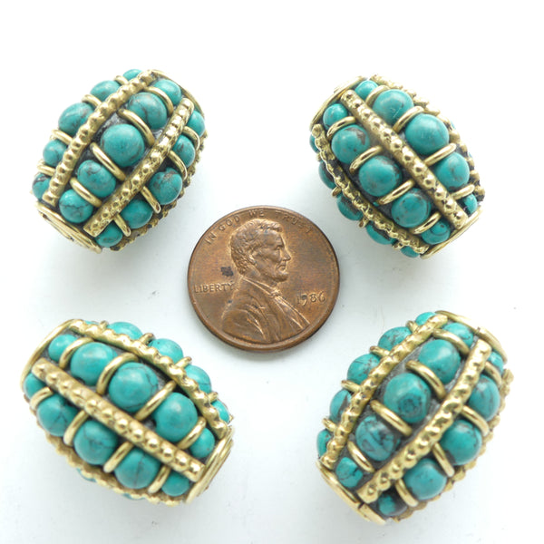 Himalayan, Large Barrels, Brass with Resin and Turquoise Inlay, 23x17mm, Sold Individually
