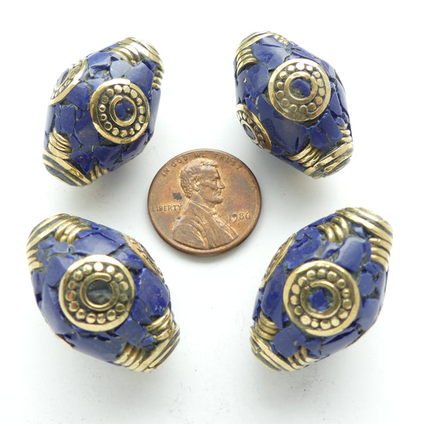 Himalayan, Large Bicones, Brass with Resin. & Lapis Inlay, 25x16mm, Sold Individually