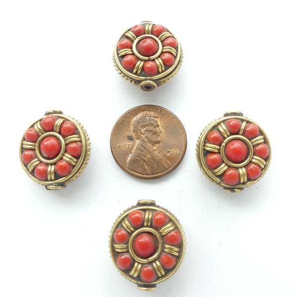Himalayan, Coin Shape Beads, Brass with Red Glass Inlay, 18mm Diameter, Sold Individually