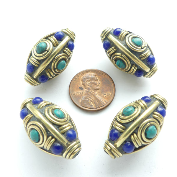 Himalayan, Large Bicones, Brass with Turquoise & Lapis Inlay, 27x15mm, Sold individually