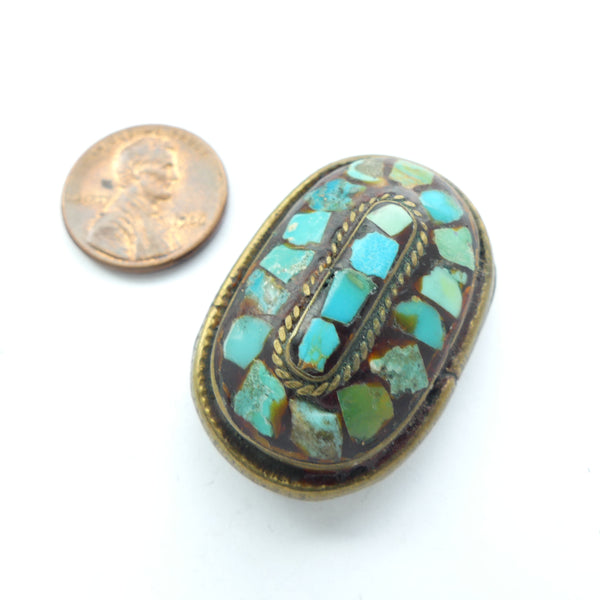 Himalayan Pendant/Spacer, Brass with Natural Turquoise Chunks Inlaid, 36x25mm