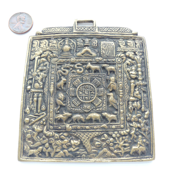 Tibetan, Brass, Large Protective Melong Amulet, Square 3.5x3.5 inches