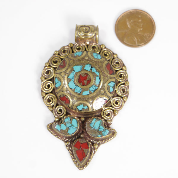Tibetan/Nepalese Pendant, Brass with Turquoise and Red Glass Chip Inlay, 3 inches Long
