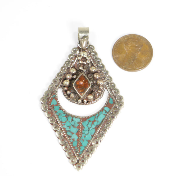 Tibetan Pendant, Silver Alloy, Turquoise Chips, Lightweight 3 inches Long including Bail