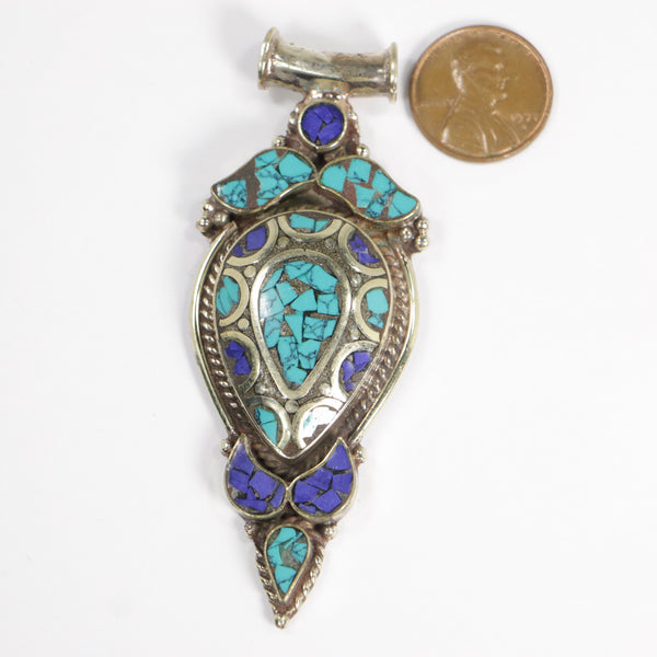 Tibetan/Nepalese Pendant, Silver Alloy with Turquoise & Lapis Chip Inlay, 3 inches long
