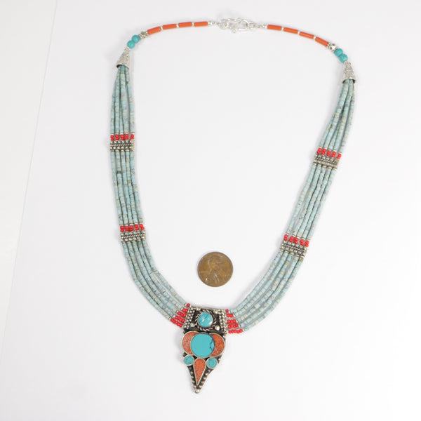 Necklace, Tibetan/Nepalese, One Pendant and 5 Strands, 19-inches Long